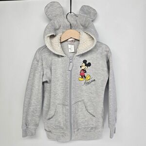 Disney Mickey‎ Mouse Hoodie Kids 6 Gray Sherpa Lined Ears Zip Up Sweatshirt